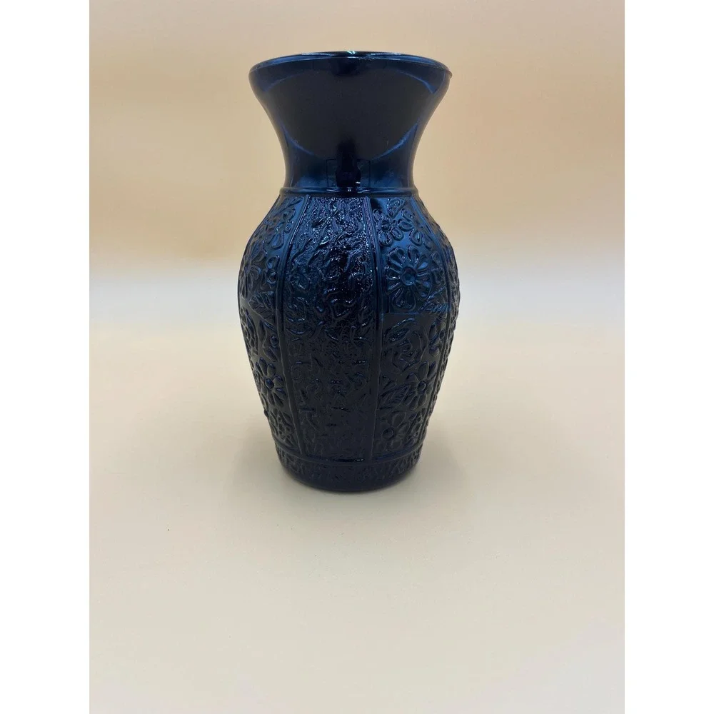LE Smith Black Amethyst Glass Vase: Embossed Floral Design